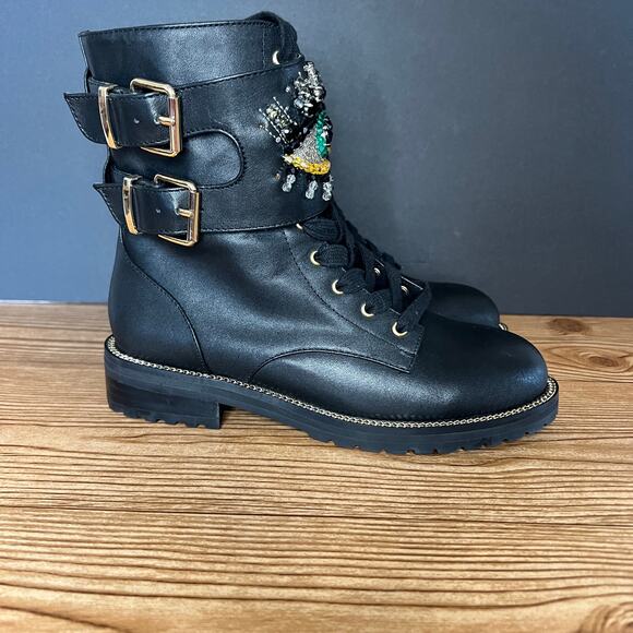 Kurt Geiger Black Leather Jeweled Sutton Eye Combat Boot Womens 35 EU - Picture 4 of 13